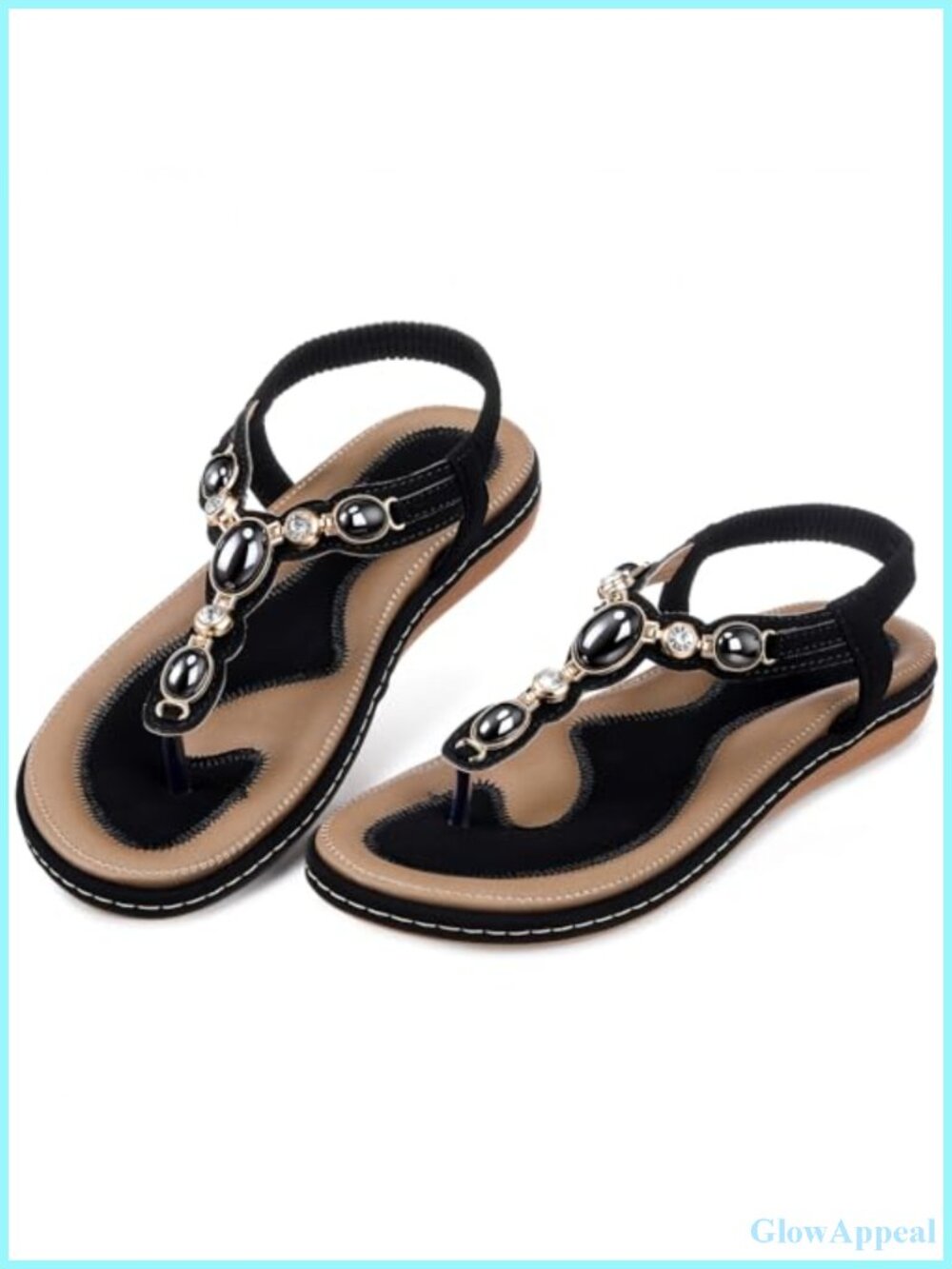 Rhinestone Flat Thong Sandals with Arch Support and Elastic Ankle Strap